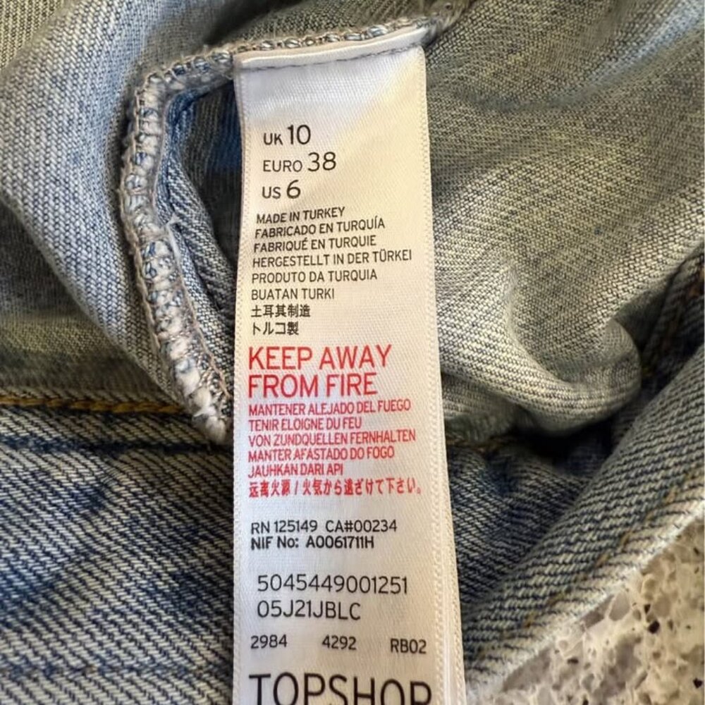 Wmn's Fun TopShop X Moto Denim Jean Jacket Embroidered Patches Y2K Style-Size 6 - Picture 5 of 9